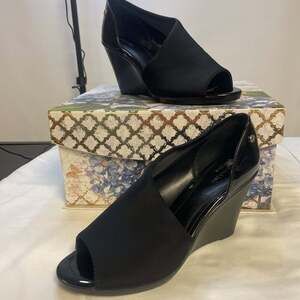 Calvin Klein Black Fabric/Patent Leather Trim 3.5" Wedge Heel